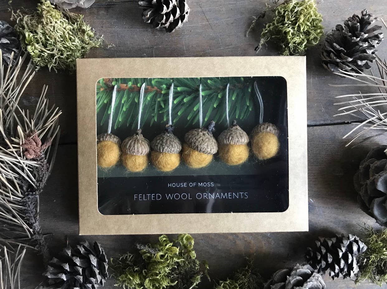 Felted Wool Mini Acorn Ornaments - Set of 6